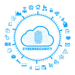 Cloud computing concept with fingerprint and cybersecurity icons, representing data protection, privacy, and digital network security