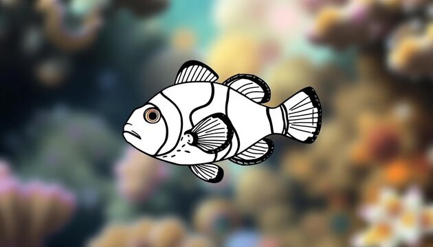 Black outline illustration of a sea clownfish (Amphiprion ocellaris) suitable for coloring,  marine,  design