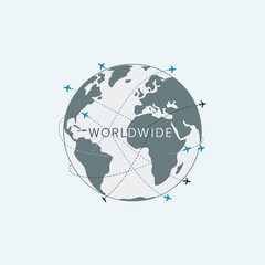 Fototapeta premium Gray Globe with Teal and Black Airplanes Illustrating Worldwide Air Travel Routes Simple Graphic Design