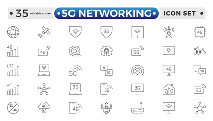 5G networking icons set. Set of communication tower, satellite dish, antenna, 3G, 4G network, wifi access point, pigtail, LTE USB modem, mast, signal, and SIM card. Editable stroke outline icon. 

