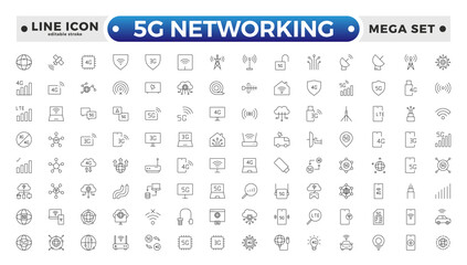 5G networking icons set. Set of communication tower, satellite dish, antenna, 3G, 4G network, wifi access point, pigtail, LTE USB modem, mast, signal, and SIM card. Editable stroke outline icon. 
