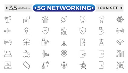 5G networking icons set. Set of communication tower, satellite dish, antenna, 3G, 4G network, wifi access point, pigtail, LTE USB modem, mast, signal, and SIM card. Editable stroke outline icon. 
