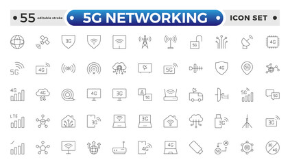 5G networking icons set. Set of communication tower, satellite dish, antenna, 3G, 4G network, wifi access point, pigtail, LTE USB modem, mast, signal, and SIM card. Editable stroke outline icon. 
