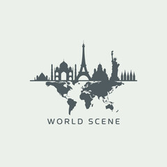 Fototapeta premium Gray Silhouette World Landmarks Skyline on World Map Background Global Travel Tourism Concept Illustration
