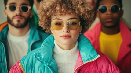 A vibrant group of stylish individuals showcasing diverse fashion, characterized by colorful outerwear and bold sunglasses, embodying youthful energy and camaraderie.