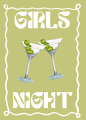 "GIRLS NIGHT" COCKTAIL/MARTINI SUMMER POSTER - VIBRANT & DISCO ILLUSTRATIONS WATERCOLOR STYLE