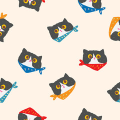 Seamless Pattern with Cartoon Cat Face Design on Light Beige Color Background. Hand Drawn Vector Illustration.
