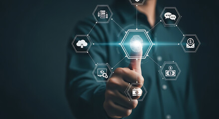 Businessman interacting with fingerprint authentication system and digital data management concepts