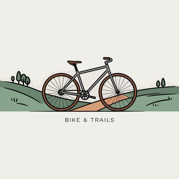 Gray Single Speed Bicycle on a Peach Colored Trail Amidst Green Rolling Hills and Small Dark Green Trees Minimalist Line Art Illustration