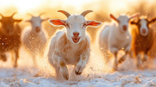 A lively image of a goat exuberantly running through a snowy landscape, capturing the essence of playfulness and freedom in nature’s serene winter wonderland.