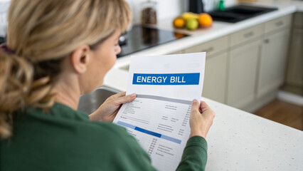 Cost of living inflation. Woman holding energy bill kitchen costoflivingincrease financial stress utility home adult female modern ,rising prices,financial pressure,economic crisis