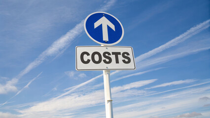 Cost of living inflation. Upward arrow costs increase financial economic sky sign warning blue white outdoor growth inflation business ,rising prices,financial pressure,economic crisis