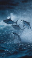 Naklejka premium A group of flying fish leaping above the ocean surface
