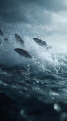 Naklejka premium Flying fish leaping above the turbulent ocean surface