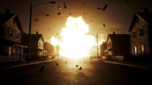 Nuclear explosion creates mushroom cloud over residential area after atomic bomb blast