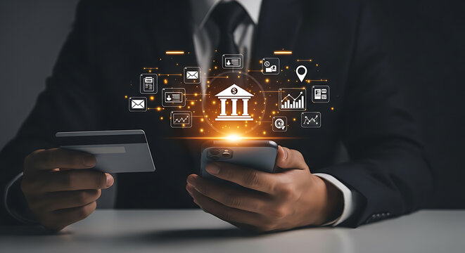 Businessman using smartphone with bank and financial icons representing online banking and transactions