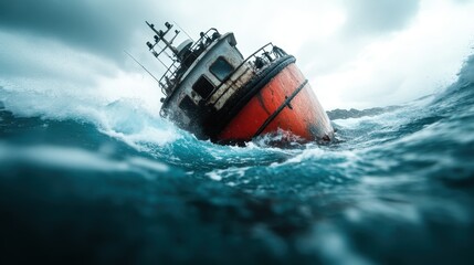 A distressed tugboat navigating through turbulent waves, showcasing the struggles against nature's fury amidst dramatic weather conditions and an icy atmosphere.