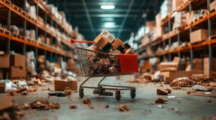 An image of a shopping cart overtaken by boxes and debris in a chaotic warehouse setting, illustrating the hectic nature of inventory management and consumerism.