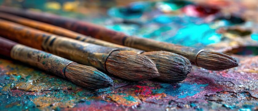 The vibrant array of paintbrushes resting on a colorful artist's palette.