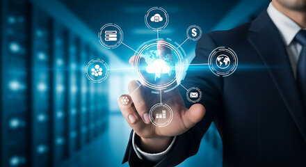 Businessman's hand touching cloud computing interface representing global data storage and access