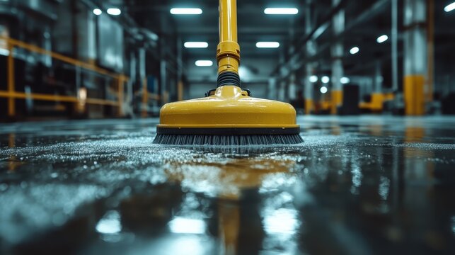 A bright yellow industrial floor cleaner efficiently working through a factory space, highlighting the importance of cleanliness and maintenance in industrial settings.