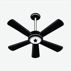 A black and white illustration of a ceiling fan with five blades, a simple design ideal for home decor and interior design projects