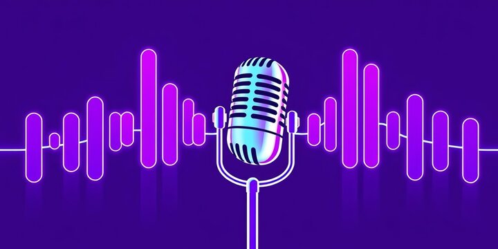 Bright violet vector illustration of radio waves, microphone, podcast symbols representing mass media marketing,  business,  online