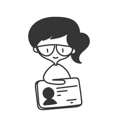 cute girl with glasses holding big id card in cartoon doodle