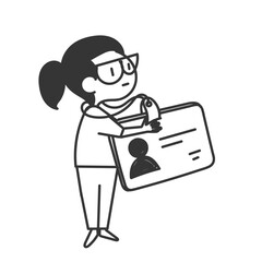 cute girl with glasses holding big id card in cartoon doodle