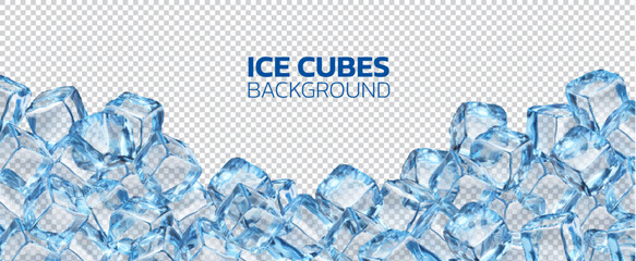 Obraz na płótnie Canvas Ice cubes background, crystal blocks frame. Realistic Isolated 3d vector border with blue transparent frozen clear water pieces and glaciers. Template for cold beverages and summer drinks backdrop