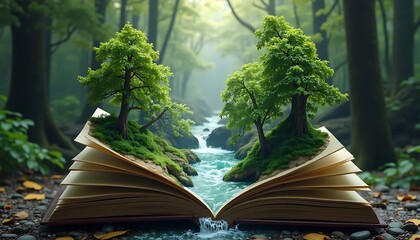 An open book transforms into a vibrant forest landscape with a flowing river