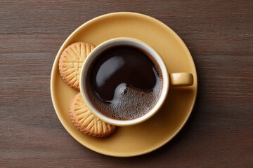 Fototapeta premium Eyelevel shot of coffee in a yellow cup with two biscuits on a matching saucer all on a dark wooden table