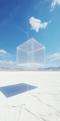 Transparent cube hovering over a vast, white, flat landscape under a clear blue sky
