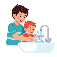 Older Brother Helping Younger Brother Wash Hands Hygiene Illustration