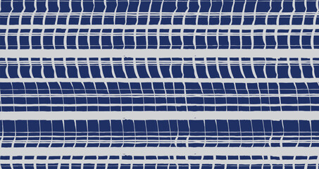 Hand drawn distorted brush lines abstract distressed plaid pattern in white and blue, Japanese and ethnic handcrafted intersecting stripes grid background, simple modern graphic for textile, carpet