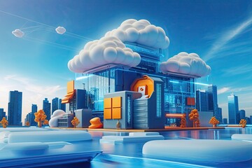 Cutting Edge Cloud Computing Systems and Online File Storage Dynamic 3D Visualization Against a Bright Blue Skyline