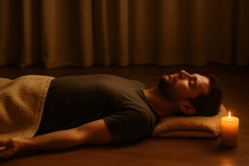 Young man practicing savasana, the corpse pose, in a dimly lit room with a burning candle, achieving deep relaxation and serenity