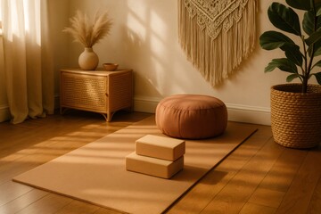 Cozy yoga corner with cork mat, blocks, meditation cushion, wicker furniture and macrame wall hanging illuminating by sunlight