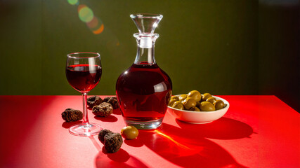 A glass and decanter of red wine sit beside glossy green olives and assorted truffles on a red tabletop. The vivid green backdrop and light flares evoke sophistication, richness, and visual drama.
