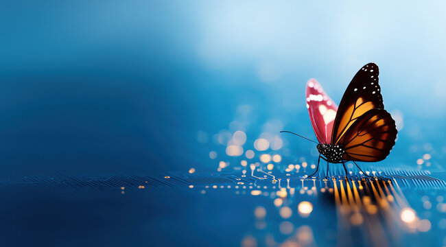 Delicate monarch butterfly perches on illuminated fiber optic cables creating stunning technological contrast. - Powered by Adobe