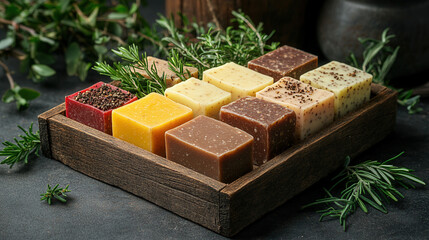 organic soap with herbal sage arranged in dark moody composition 