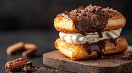 Fototapeta premium A rich chocolate dessert sits temptingly stacked high, showcasing layers of fluffy cream and decadent chocolate, perfect for chocolate lovers and dessert enthusiasts.