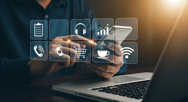 Person using smartphone with digital interface representing modern online activities - Powered by Adobe