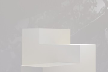 Minimalist White Podium Display on Soft Light Background. Platform for Product Display. White Geometric Shapes. Mockup Scene. White Product Pedestal in Minimal Studio Light. 3D Rendering.