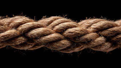 A close up shows the texture of a tightly woven brown rope on black