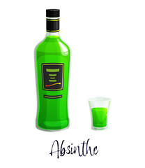 Absinthe alcohol bottle and glass. Green alcohol drink, bar or pub cocktails or beverages menu cartoon vector icon. Spirit liqueur, wine or absinthe isolated bottle, shot glass and handwritten text