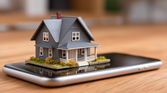 A smartphone displays a miniature house, symbolizing real estate and technology integration in modern home management.