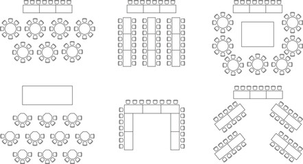Seat plan icon set, House, restaurant, seminar, school, conference room, shop, top view, chair and table, architectural plan with blueprint, customizable stroke, vector, illustration