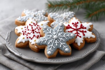 Snowflake cookies decorated in red white and blue icing are arranged on a grey plate with linen A sprig of greenery is in the background