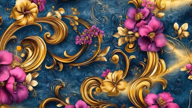 Ornate Floral Video: Golden Accents on Textured Blue Background with Pink and Yellow Flowers